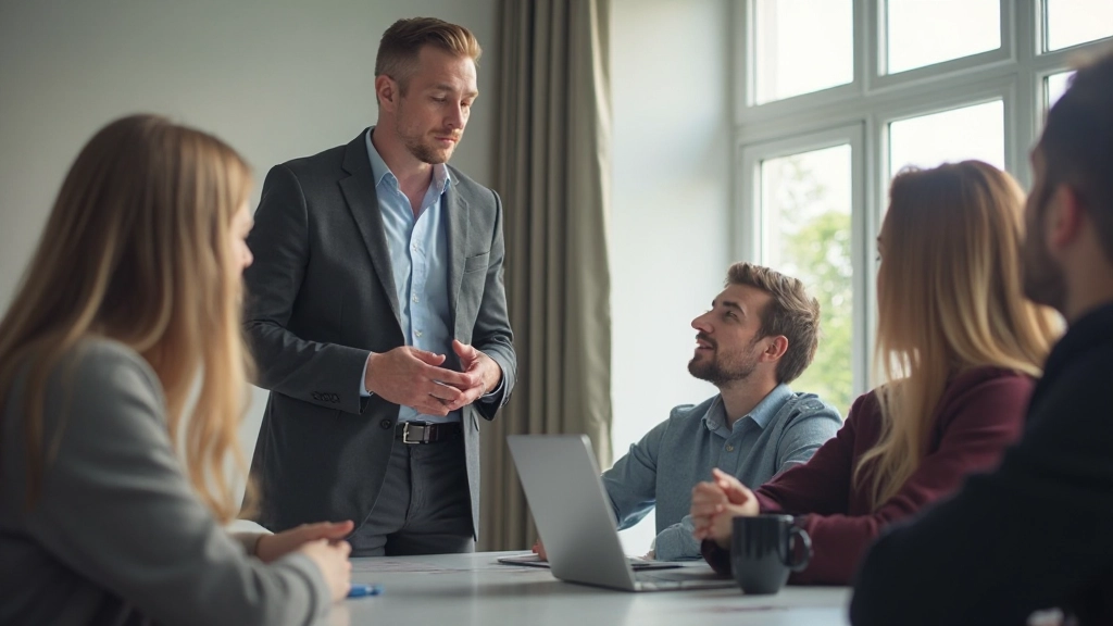 Učiteľ angličtiny vyučujúci skupinu študentov v modernej učebni s interaktívnou tabuľou