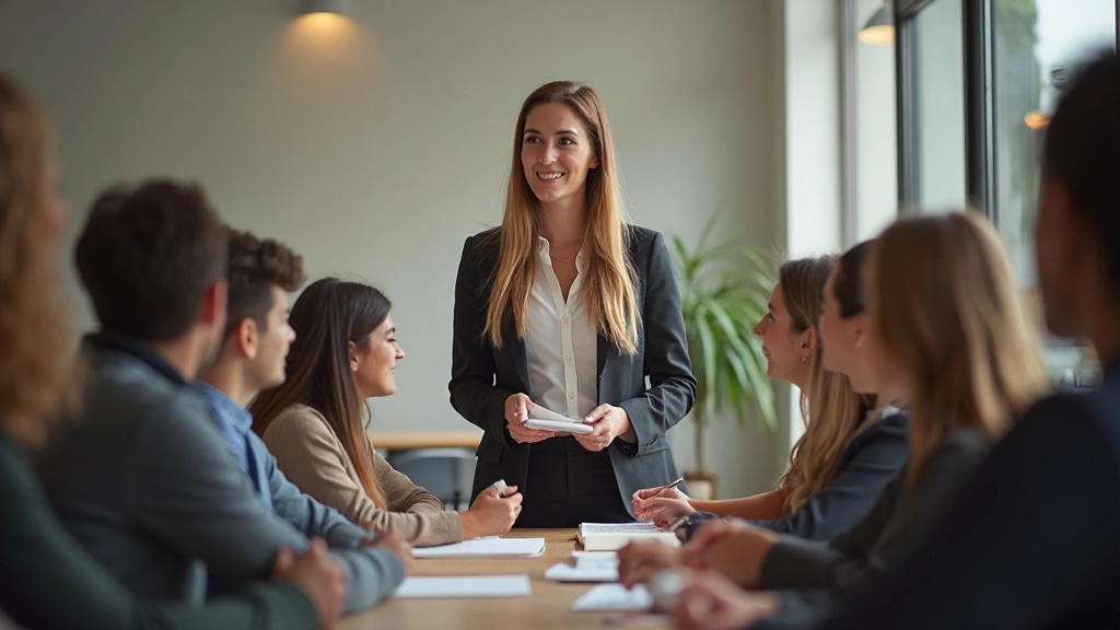 Skupinová lekcia španielčiny v priateľskej učebni s lektor a študentmi