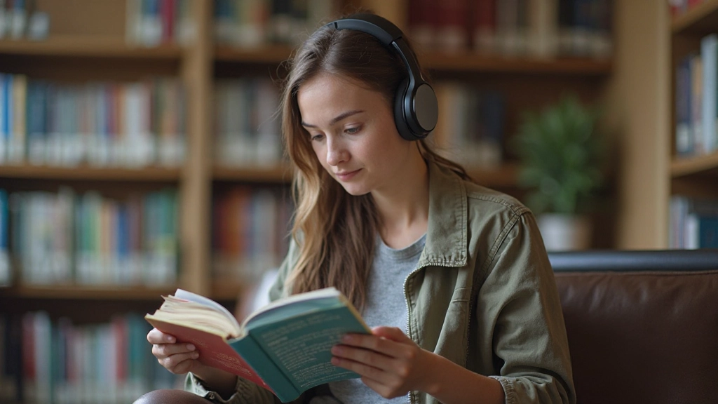 Vysokoškolský študent čítajúci učebnicu francúzštiny so slúchadlami v knižnici