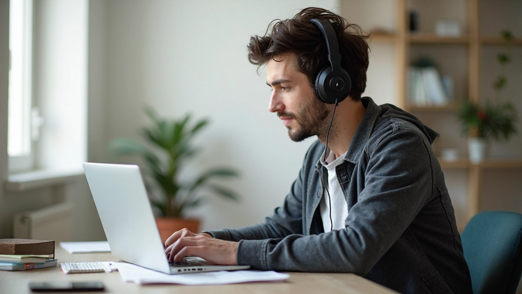 Študent študujúci francúzštinu na počítači s jazykovými aplikáciami a materiálmi