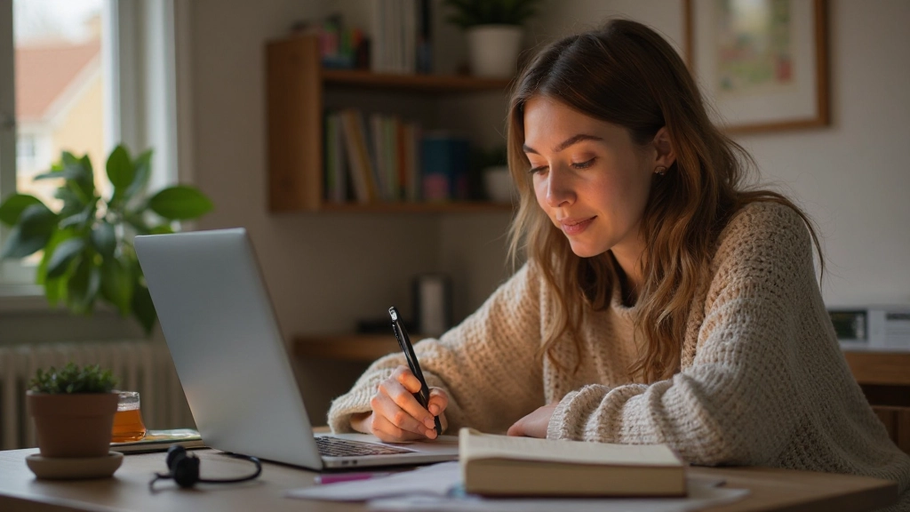 Študent pracujúci na online jazykovom kurze z domu s počítačom a poznámkami